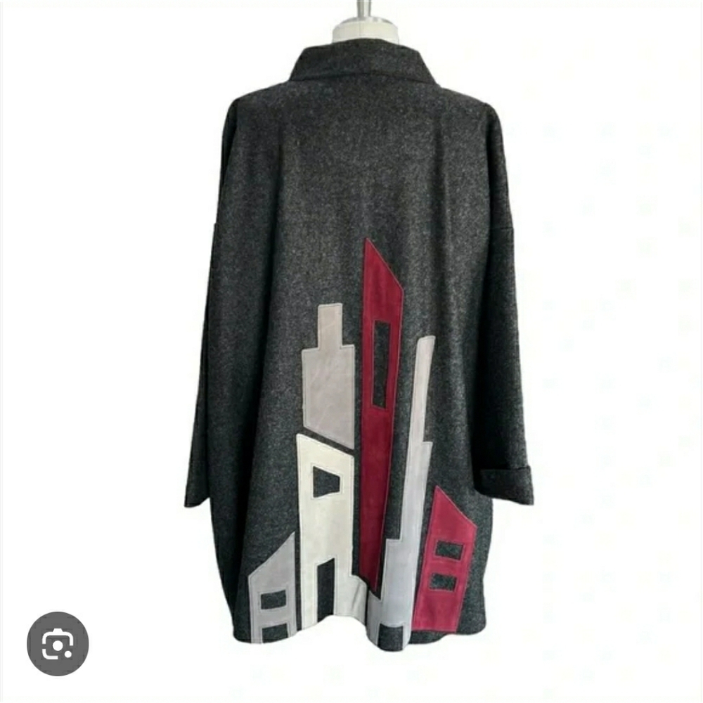 Vtg Osgood Smük Black Grey Wool Swing Cloak Tribal Geometric Coat Lagenlook Cape